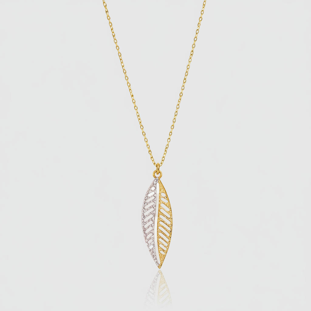 Bicolor-Collier „Golden Plume“ – 375er Gold mit diamantiertem Feder-Anhänger