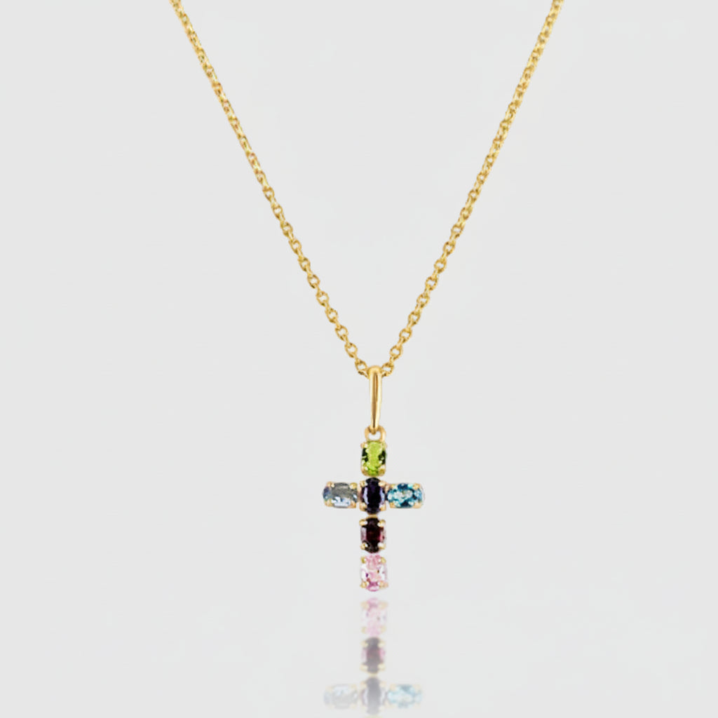 Collier „Multicolor Cross“ – 585er Gelbgold mit 6 bunten Zirkonia