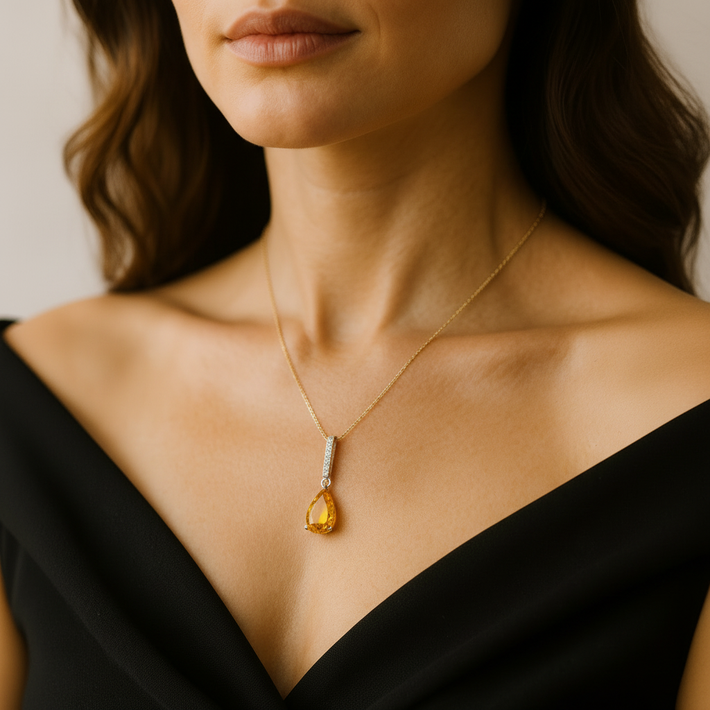 Diamant-Collier „Golden Sun Drop“ – 18k Weißgold & Citrin