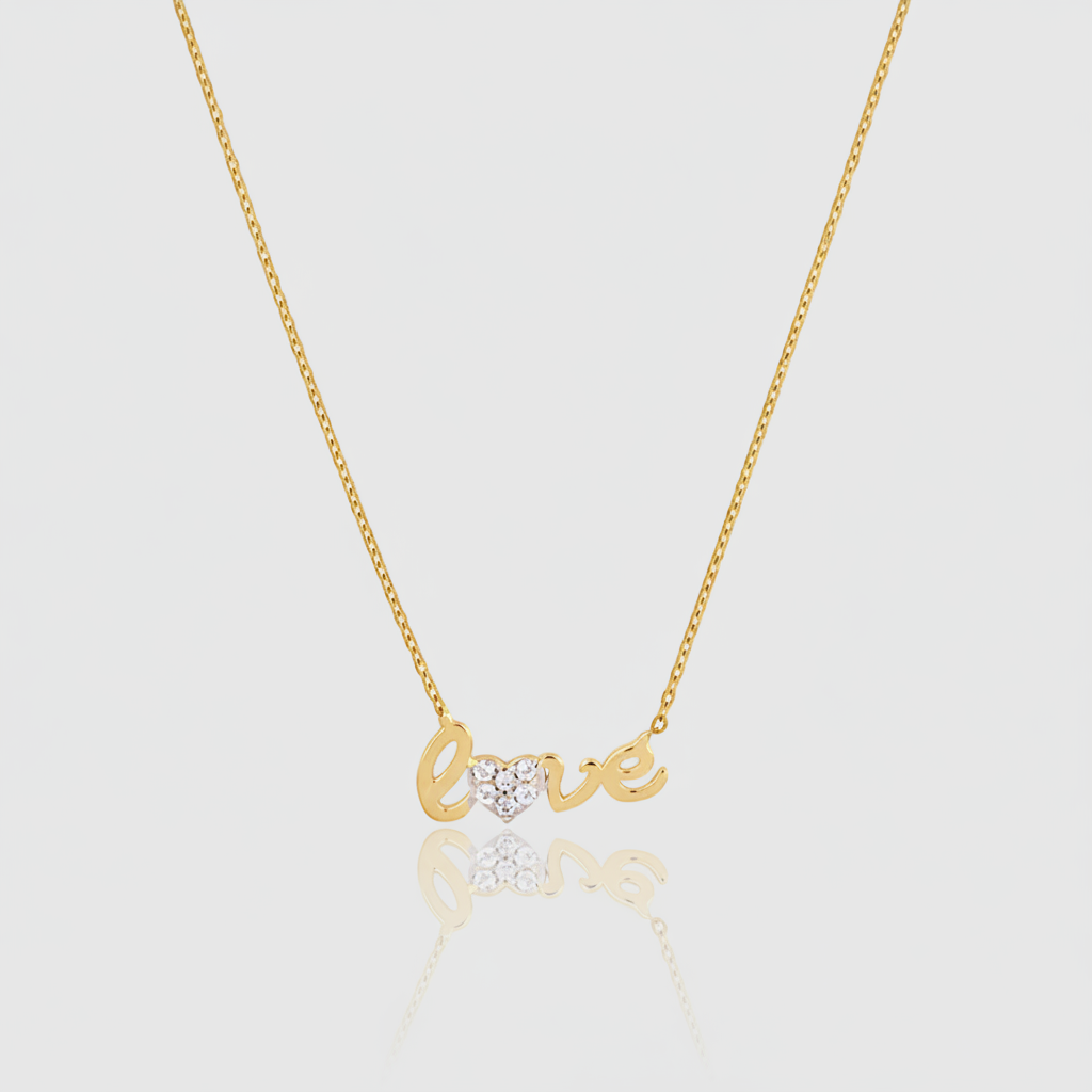 Herz-Collier „Amour Glow“ – 375er Gelbgold mit Zirkonia-Schriftzug
