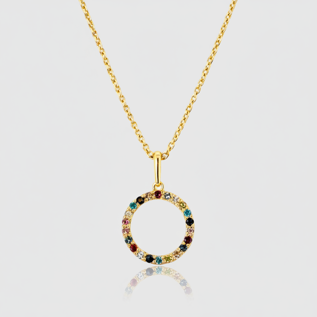 Premium-Collier „Multicolor Orbit“ – 585er Gelbgold mit 22 Zirkonia