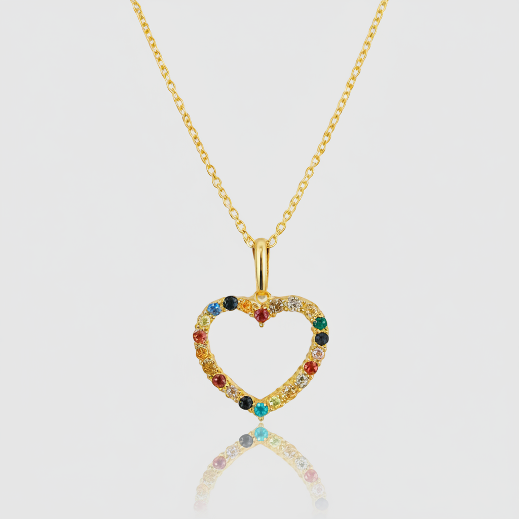 Premium-Collier „Rainbow Heart“ – 585er Gelbgold mit Multicolor-Zirkonia