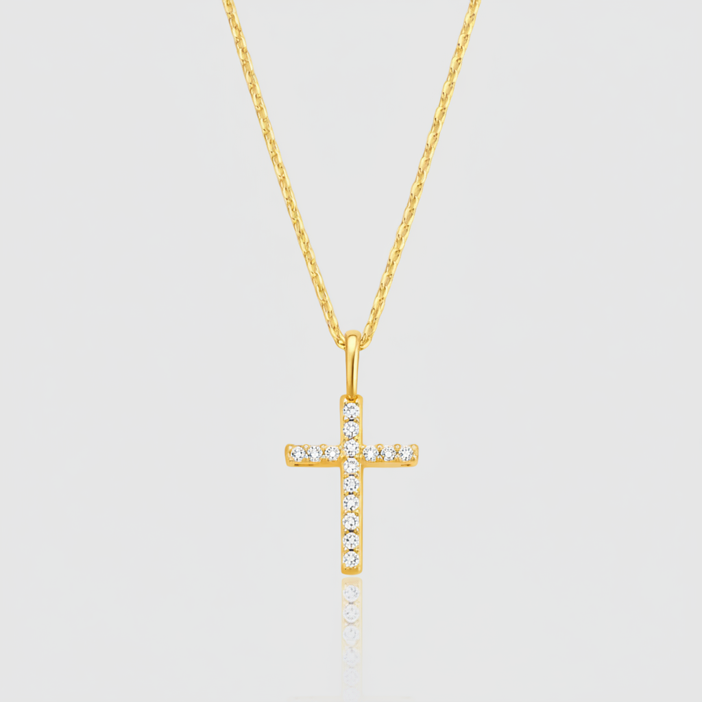 Premium-Kreuz-Collier „Sacred Radiance“ – 585er Gelbgold mit 16 Zirkonia