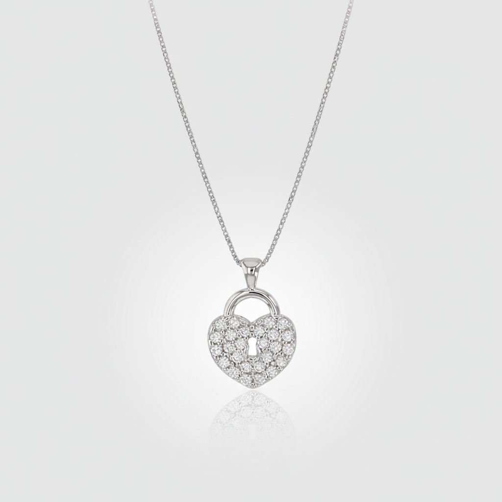 Weißgold-Collier „Heart Lock“ – 375er Gold mit Zirkonia-Pavé